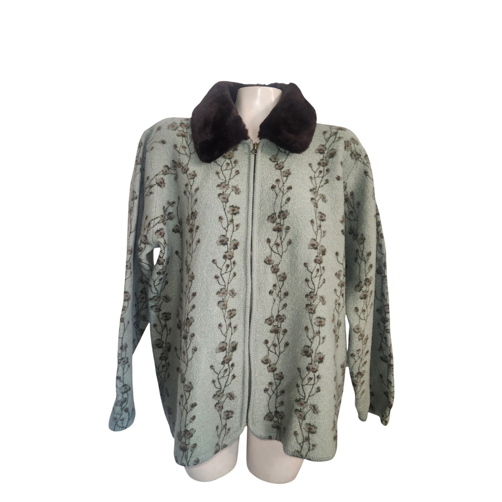 Squaw Valley Womens 2X Wool Full Zip Floral Cardigan Sage Green Faux Fur Collar